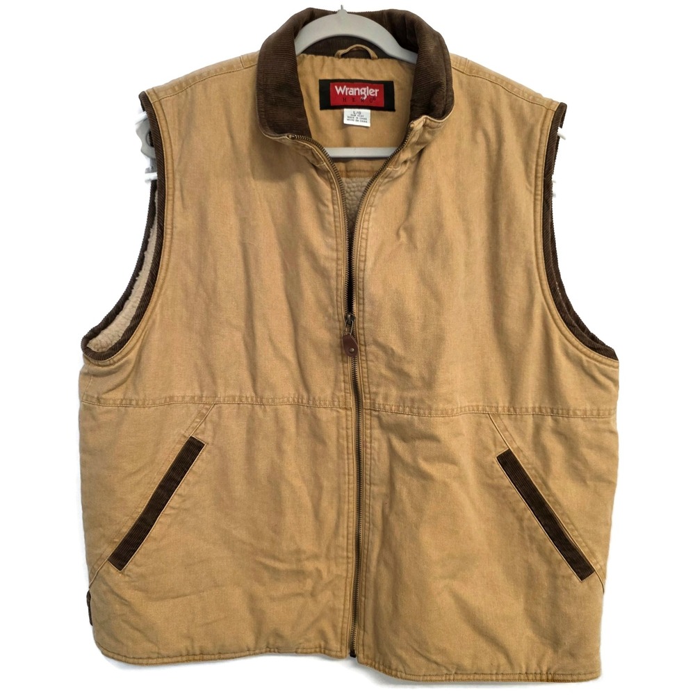 Wrangler Hero Mens Tan Canvas Sherpa Lined Workwear Vest Corduroy Collar Large